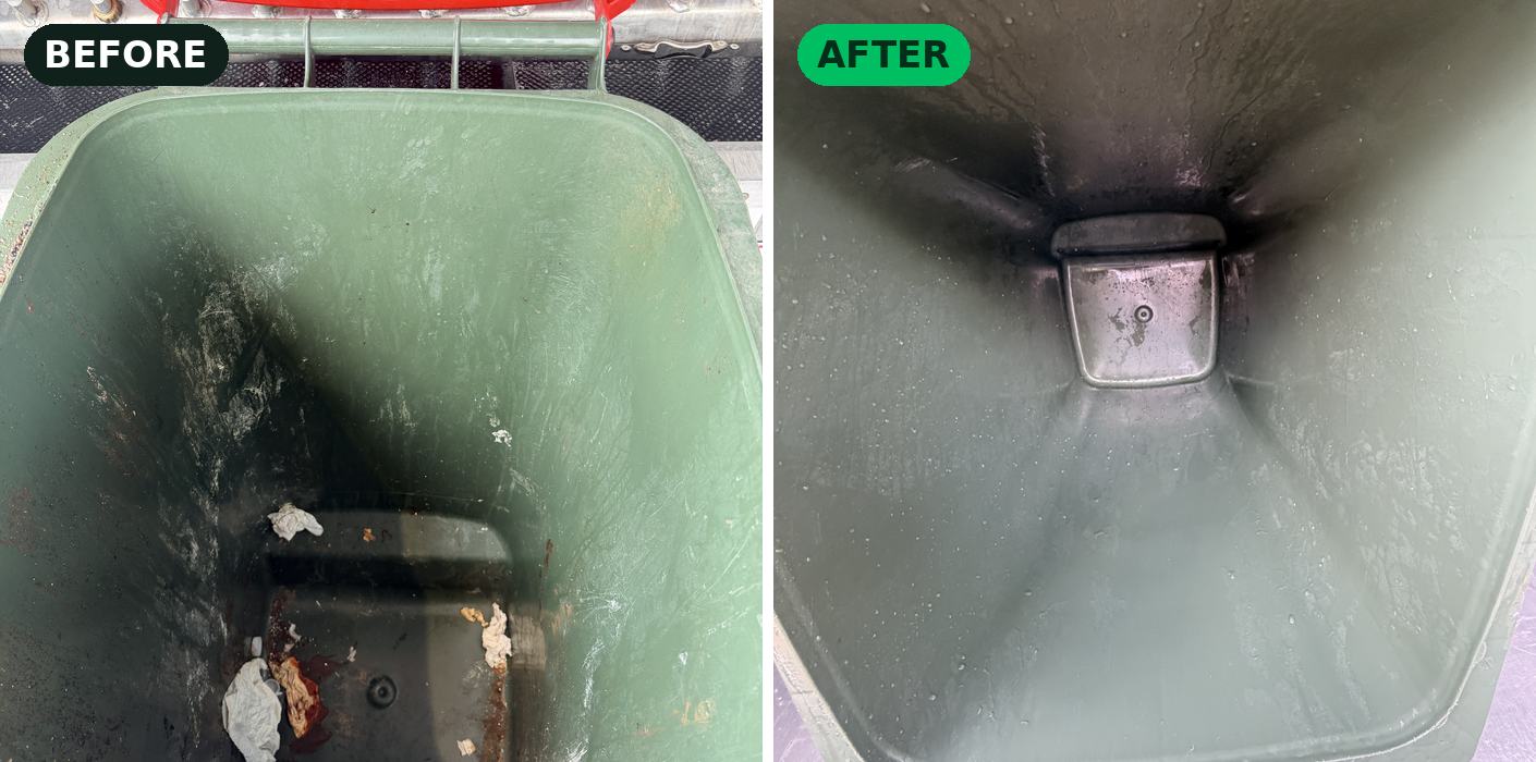 Wheelie bin interior before and after cleaning